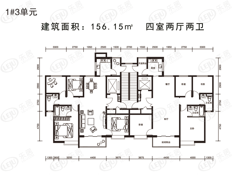 15平 四室两厅两卫户型图
