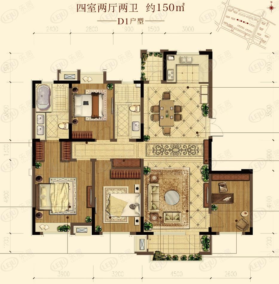 中海紫御观邸小高层d1户型 四室二厅二卫户型图