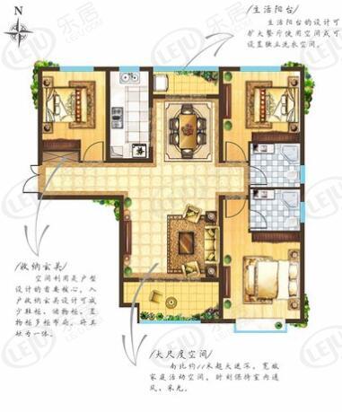 宏运海河湾3室2厅2卫户型图 - 宝鸡乐居