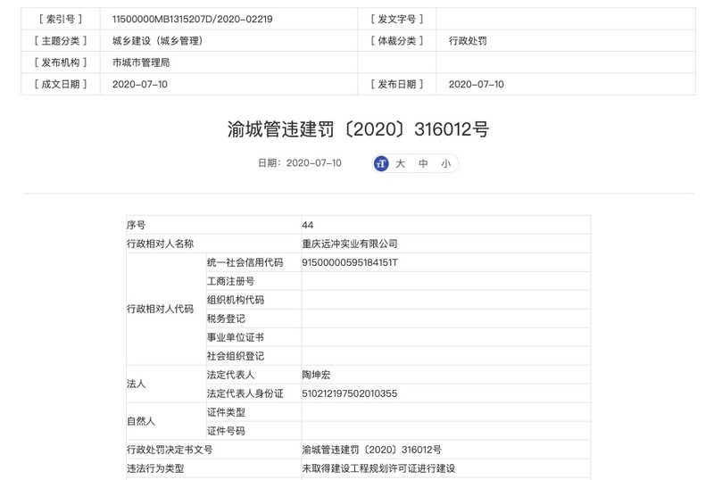 融创重庆远冲实业公司涉无证建设被主管部门处以罚款209万元