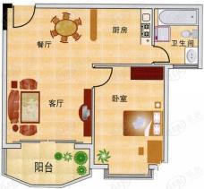 浮山天籁金钻式公寓A户型1室2厅1卫1厨户型图